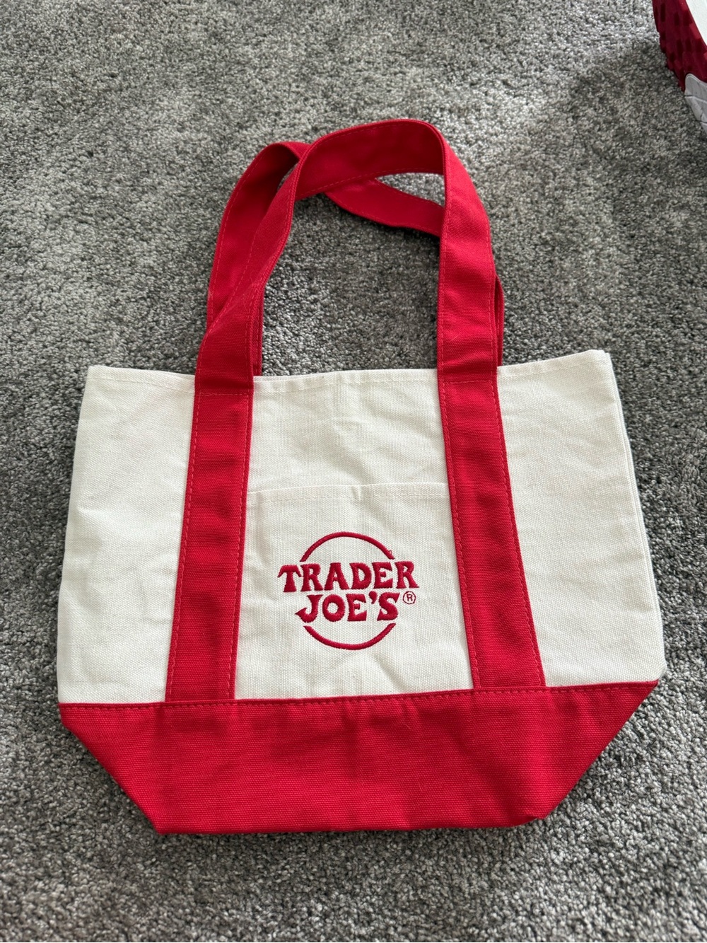 Trader Joe's Cream and Red Canvas Tote Bag